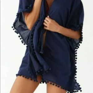 Tommy Bahama coverup linen jersey, navy, open front. NWT, size L, pompoms trim